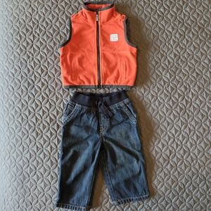 Boys Infant 6 mo Outfit. Orange Fleece Vest And Blue Pull On Denim Cargo Jeans